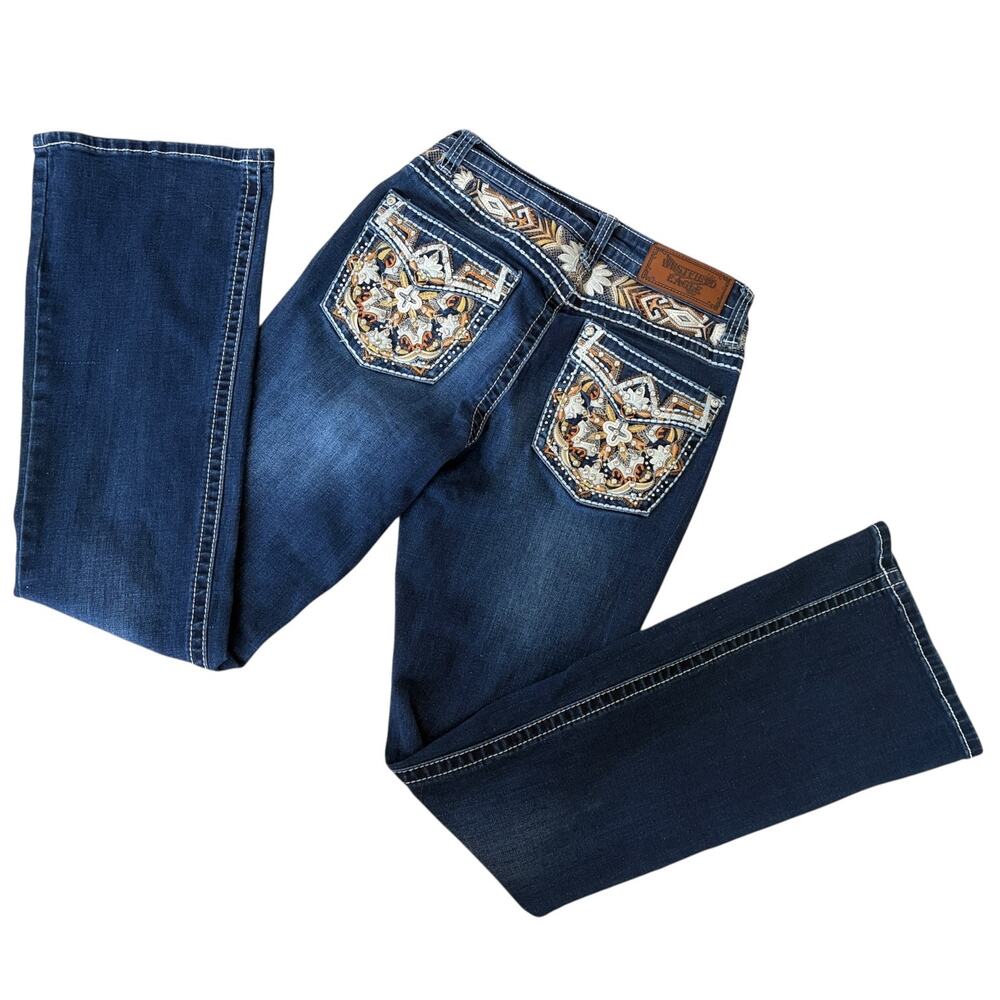 Y2K Westfield Eagle Jeans Junior 7 Bootcut Mob Wife Bling Embellished Denim Blue